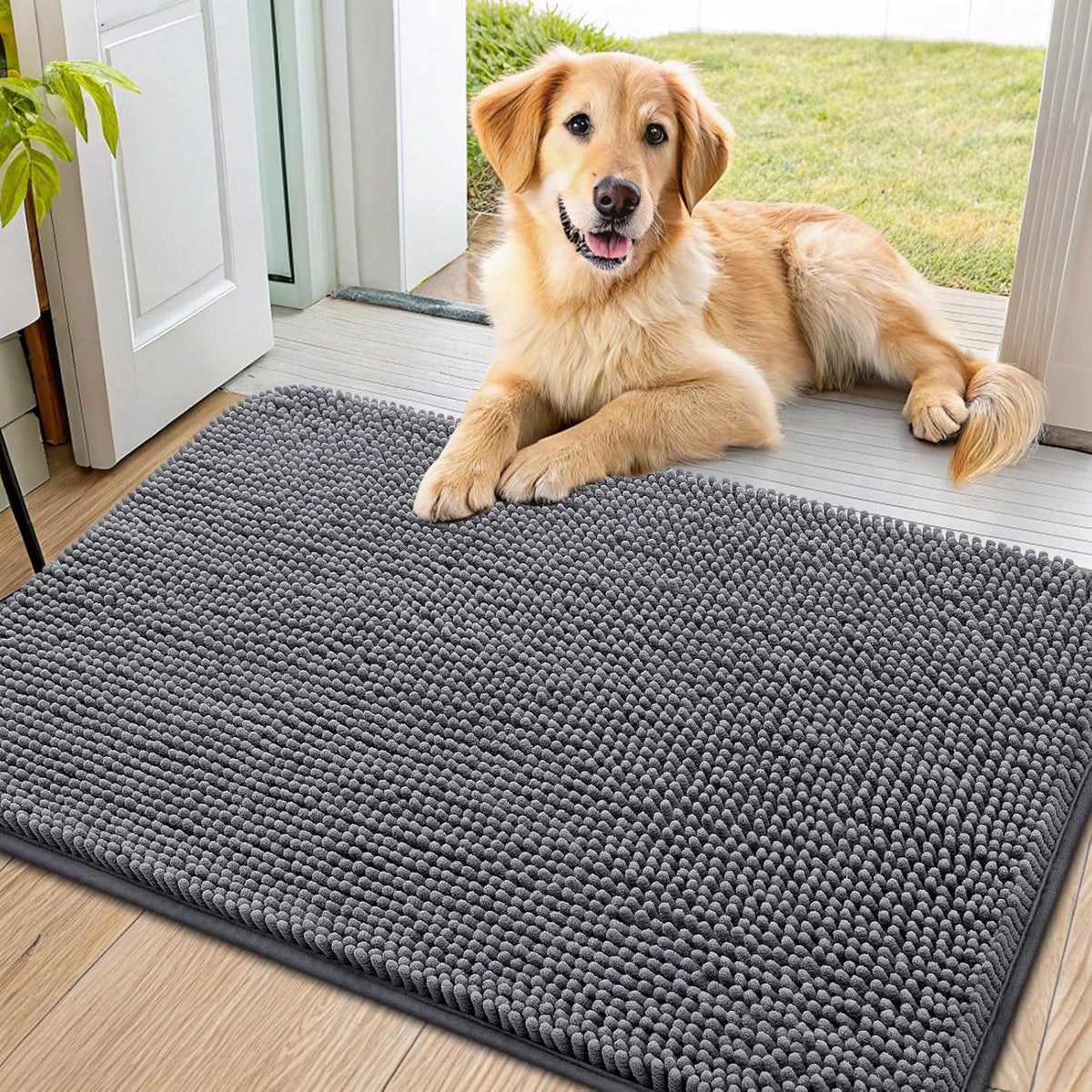 Smiry Dog Door Mat for Muddy Paws 36x24, Absorbs Moisture and Dirt Doormat, Non-Slip Washable Quick Dry Chenille Front Door Mat Indoor Entrance, Entryway Carpet for Inside Floor, Dark Grey