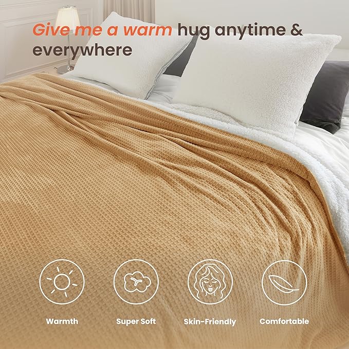 Heated Blanket Electric Blanket King Waffle, 90x100 Inches Dual Controllers