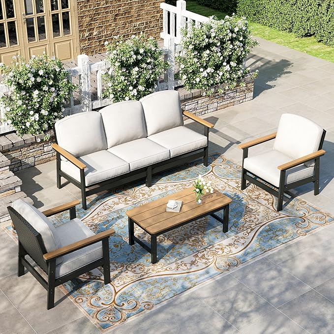 HERA'S HOUSE HDPE Patio Furniture Set, 4-Piece Outdoor Wicker Conversation Couch Set with Thick Cushion, All-Weather Patio Sofa Set for Backyard Garden Deck, Wood Grain Coffee Table