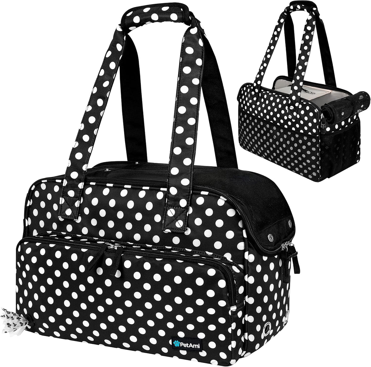PetAmi Small Dog Purse Carrier, Soft-Sided Pet Carrier Bag with Pockets, Portable Puppy Cat Travel Handbag Tote, Airline Approved Breathable Mesh, Poop Bag Dispenser, Max 18 lbs, Polka Dot Black