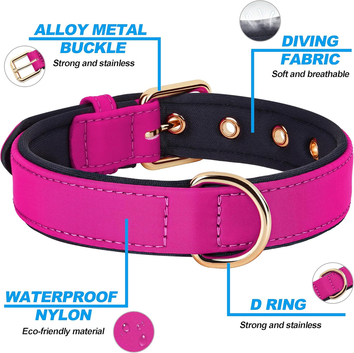 Didog Soft Padded Dog Collars for Small Dogs, Lightweight and Breathable Dog Collar with Metal Buckle, Rose Purple, M