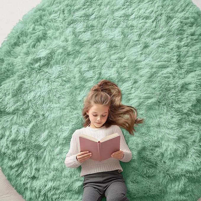 OLANLY Mint Green Round Rugs for Bedroom - Machine Washable, 7 ft Circle Area Rugs for Living Room, Soft and Fluffy Shaggy Carpet for Teen Girls and Boys, Nursery Rooms, Dorms, Home Decor Aesthetic