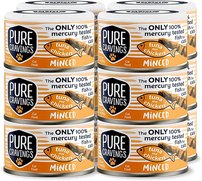 Pure Cravings Minced Tuna and Chicken Wet Canned Cat Food, 100% Mercury-Tested, Moist Can Fish for Cats, Grain-Free, Protein, Non-GMO, 3oz, Pack of 12
