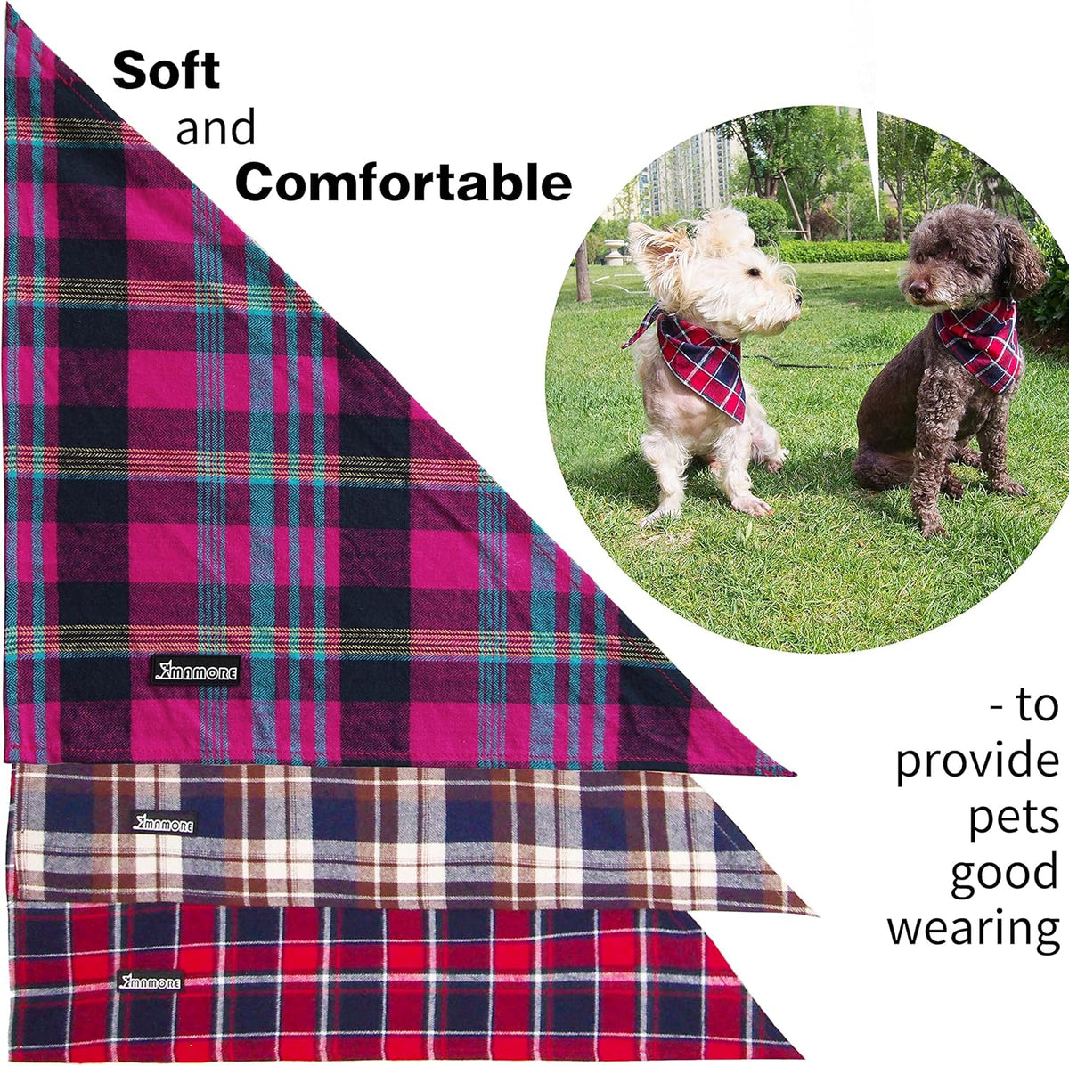 Adjustable Plaid Dog Bandanas,1PC Soft Washable Cotton Triangle Bib Kerchief Scarfs for Small Medium Large Dogs and Cats (Brown&Blue, Large)
