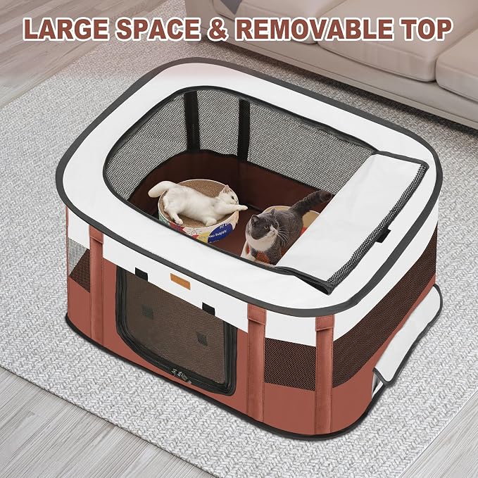 Dog Playpen - Foldable Cat Play Pens for Pubby, Kitten, Rabbit, Portable Pet Tent with Carring Bag for Indoor/Outdoor Travel Camping (Brown-Small)
