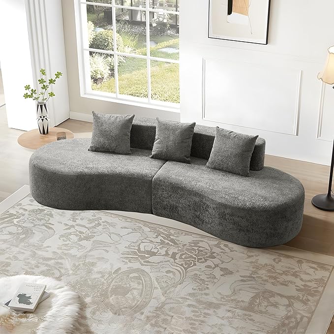 109'' Curved Couch, Mid Century Modern Half Moon Sofa, Luxury 3-Seat Couch with High-Density Foam Filled, Raindrop Velvet Fabric Sectional Sofa for Living Room, Apartment, Office, Grey