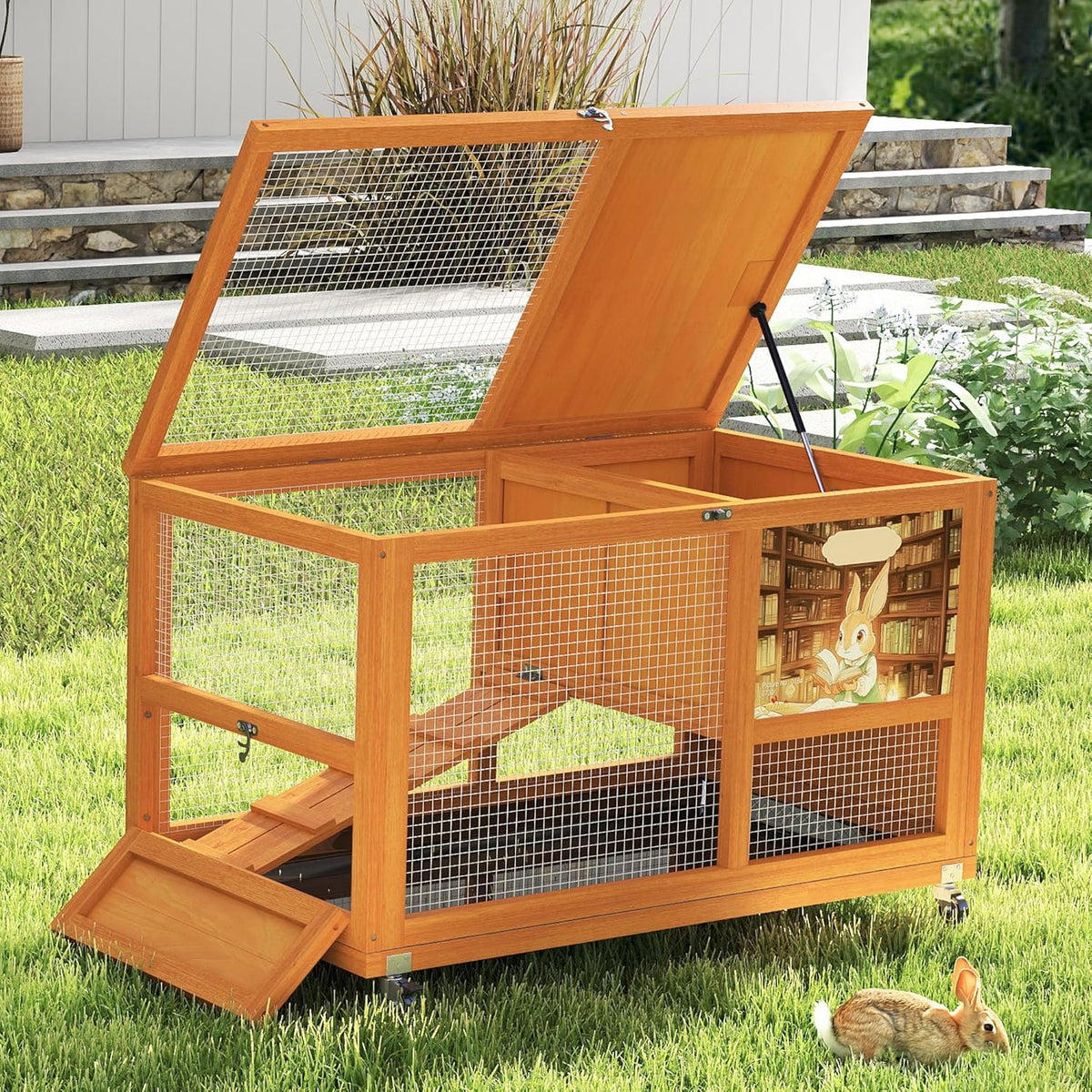 COZIWOW Wooden 36Inches Rabbit Hutch Indoor with Wheels Bunny Cage Outdoor Rabbit Cage with Clean Tray, Openable Roof, Anti-Slip Ramp for Small Bunny (Orange with Pattern)