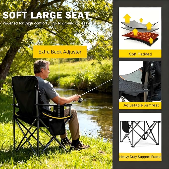 FAIR WIND Oversized Fully Padded Camping Chair for Heavy People with Lumbar Support, Heavy Duty Quad Fold Arm Chair with Cooler Bag - Support 450 LBS，Blue