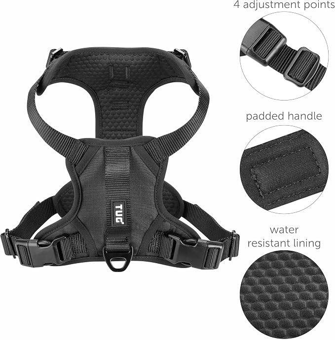 TUG No-Pull Dog Harness, 2 Leash Clips + Padded Handle (XL, Black) | Water-Resistant Padded Interior | No-Pull Front Clip | Padded Back Handle | Adjustable Straps