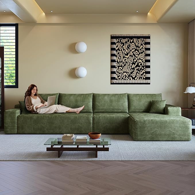 136" Sectional Couches for Living Room Modern Modular Sofa with L-Shape Couchs Upholstered Boneless Couch Deep Seat Sectional Couch with Chaise (Green, Right Facing Chaise+3Seaters)