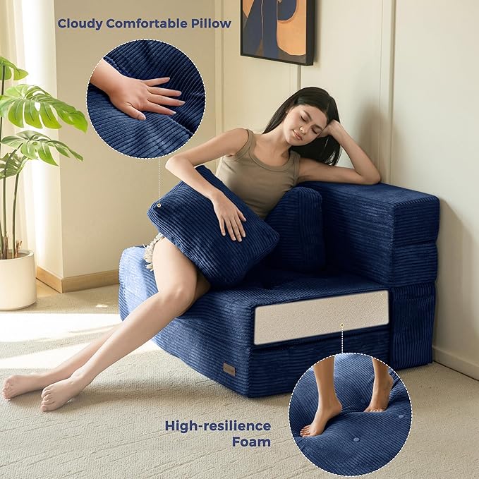MAXYOYO Convertible Sofa Bed, Fold Out Loveseat Sleeper Sofa with Pillow, 4 in 1 Tufted Folding Couch Bed Foam Floor Couch, Lazy Chair for Living Room Bedroom Guest Room, Navy