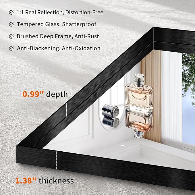 CIRCUMI Black Bathroom Mirror, Brushed Finish, Tempered Glass, Large Mirror