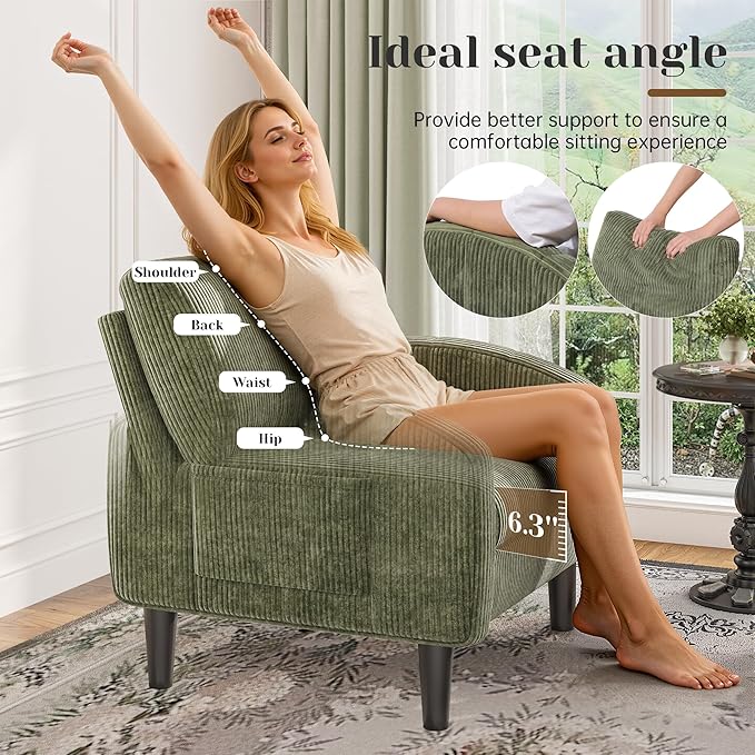 Accent Chair for Living Room,Mid Century Modern Reading Chair for Bedroom,Comfy Armchair with 2 Side Pockets,Upholstered Single Sofa Side Chair for Apartment,Waiting Room,Green