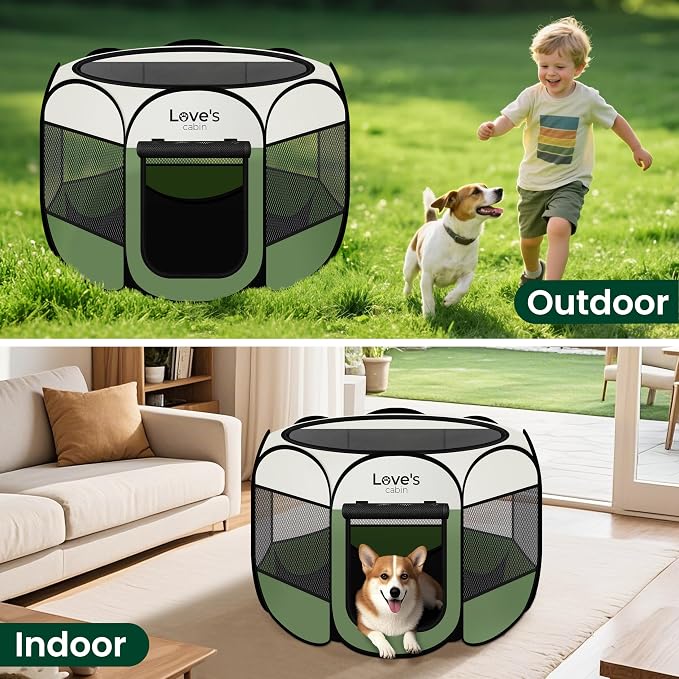 Love's cabin Pet Puppy Dog Playpen, Large Dog Tent Crates Cage Indoor/Outdoor, Portable Playpen for Cat, Foldable Pop Up Dog Kennel Playpen with Carring Case, Removable Zipper Top, Olive Green