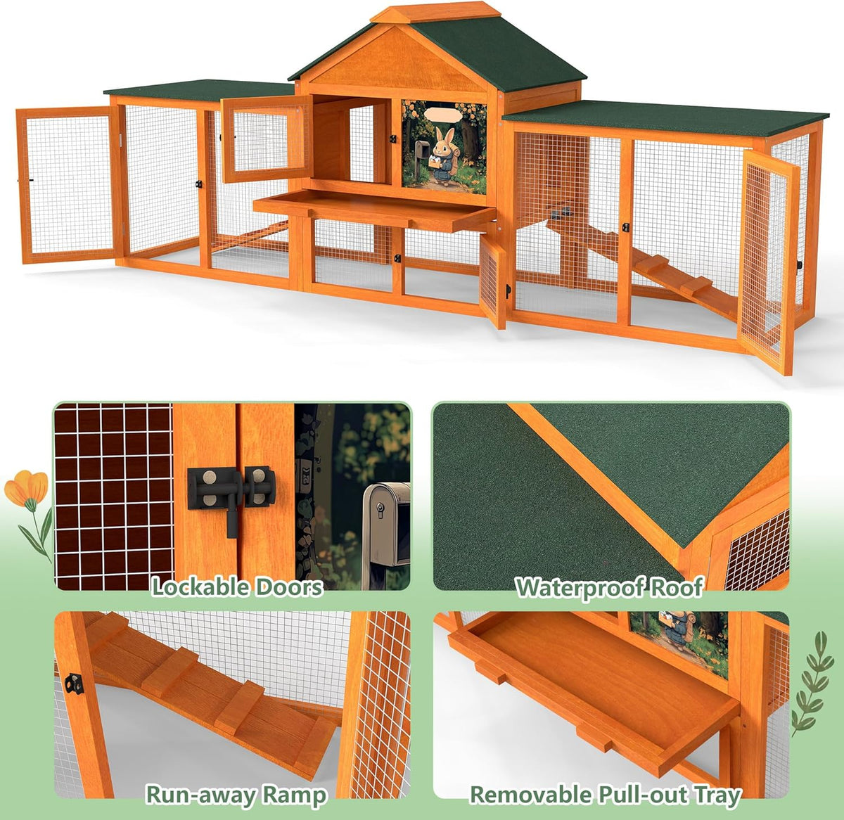 COZIWOW 82” Extra Large Fashion Wooden Outdoor Rabbit Hutch Bunny Cage Indoor Easy to Assemble and Durable with Cleaning Tray & Waterproof Roof for Small & Medium Bunny Rabbit Duck Chick (Orange)