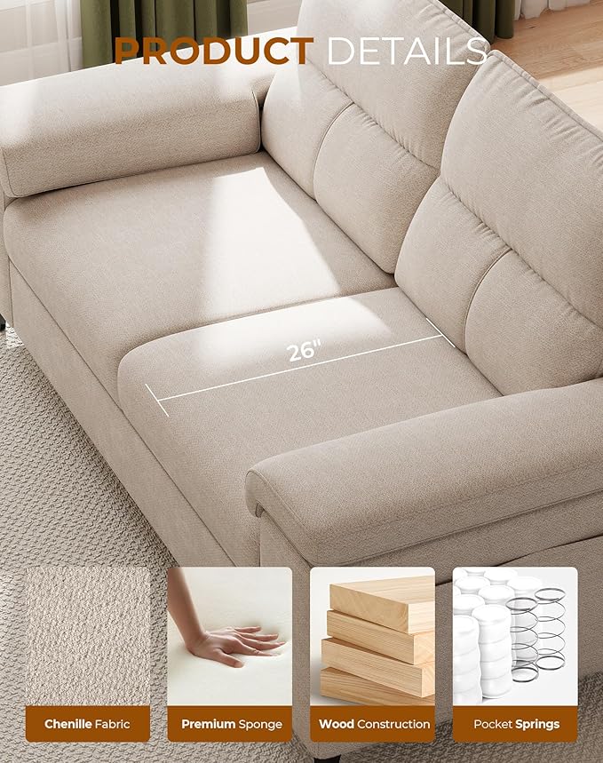 88.97" Modern Couches for Living Room, Deep Seat Sofa with 8”Cushion, Comfy 2-Seater Chenille Loveseat Sofa with Convertible Armrest, Removable Sofa Cover, High Leg (Beige)