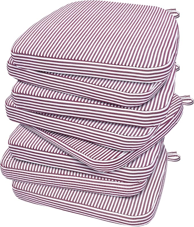 AAAAAcessories D-Shaped Chair Cushions, 2" Thick Dining Chair Pads with Ties and Removable, Machine-Washable Cover, 17" x 16", Set of 8, Pinstripe Red