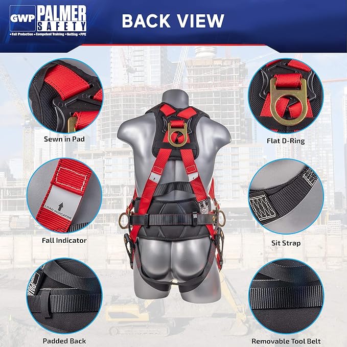 Fall Protection Hammerhead Kit I 5pt Safety Harness, 6' Double Leg Lanyard, 18" D-Ring Extender (Red - SM)