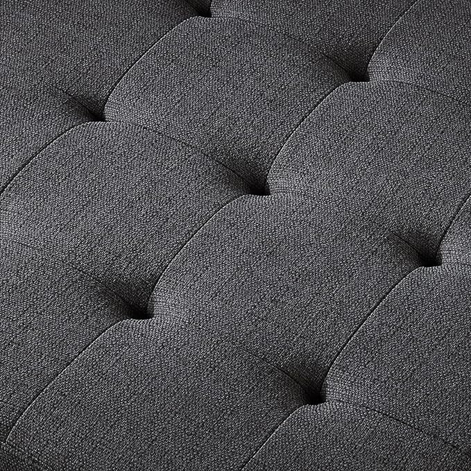 24KF Large Square Upholstered Tufted Linen Ottoman Coffee Table, Large Footrest Ottoman with Solid Wood Shelf- Charcoal