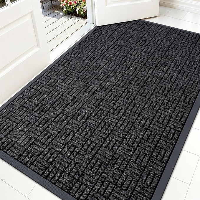 OLANLY Front Door Mat Outside Entrance 59x34, Absorbent, Heavy Duty Sturdy Natural Rubber Doormat Indoor Outdoor, Stain and Fade Resistant, Non-Slip Backing Low Profile Floor Mat for Entryway, Black