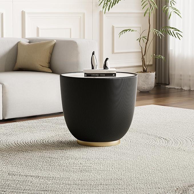 Round Coffee Table Set with Sintered Stone Tabletop, 27.56" Grey Drum Center Table and 19.69" Black Coffee Table Set, 2 Pieces Living Room Table Set with Fluted PU Leather Cover& Metal Base