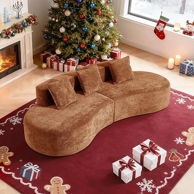 109'' Curved Couch, Mid Century Modern Half Moon Sofa, Luxury 3-Seat Couch with High-Density Foam Filled, Raindrop Velvet Fabric Sectional Sofa for Living Room, Apartment, Office, Orange