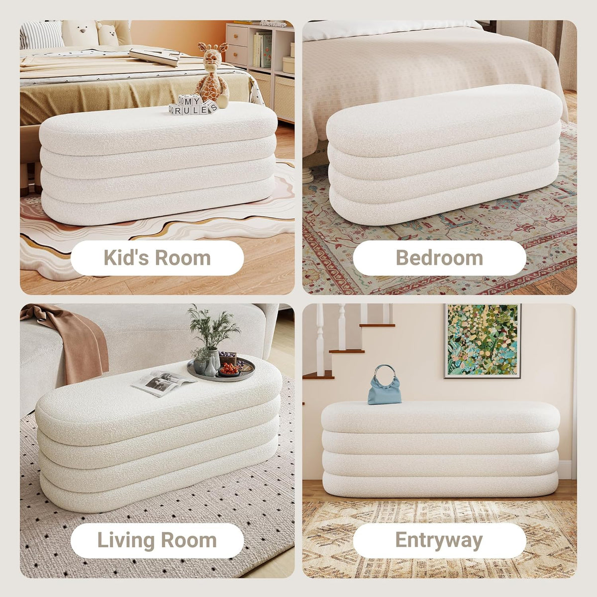 Storage Ottoman Bench 49.2 Inch Upholstered Fabric Storage Bench for Bedroom End of Bed Aesthetic Large Oval Ottoman for Living Room Entryway (Ivory)