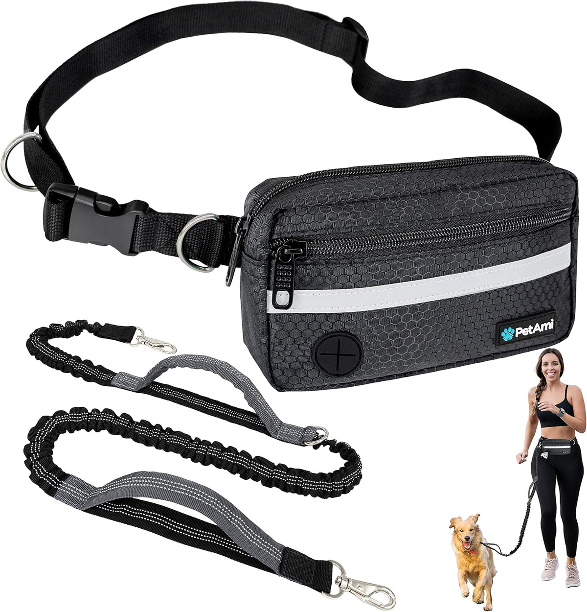 PetAmi Hands Free Dog Leash, Dog Running Leash Belt for Walking Jogging, Dog Waist Zipper Pouch Fanny Pack with Poop Bag Dispenser, Dual Padded Handle Bungee Leash for Small Medium Large Dogs, Single