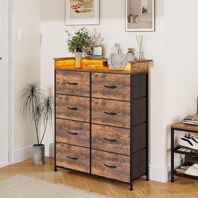 Tall Dresser for Bedroom with Charge Station 8 Drawers Dresser with LED Lights