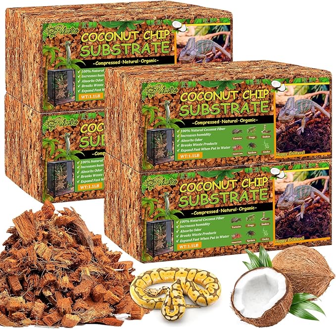 Riare 8 Pack Natural Coconut Chip Substrate for Reptiles- Compressed Coconut Husk Reptiles Bedding, Coco Husk Chip Terrarium Substrate for Snakes, Tortoises, Ball Python, Frogs, Bearded Dragon, Lizard
