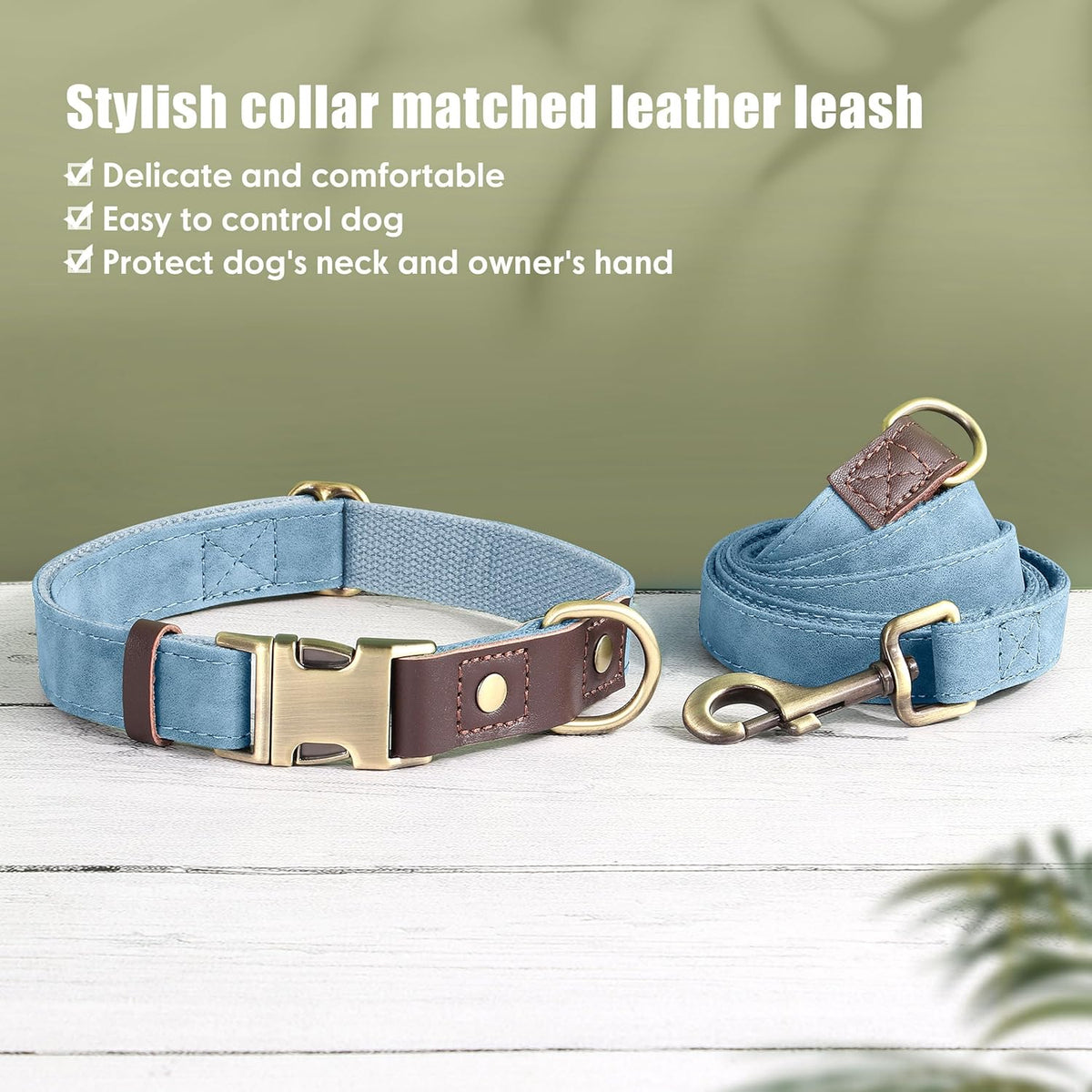 Didog Soft PU Leather Dog Collars for Medium Dogs,Classic Adjustable Dog Collars with Quick Release Metal Buckle,Easy Clean and Comfortable with Nylon Lining,Denim Blue,M Neck 13-19"