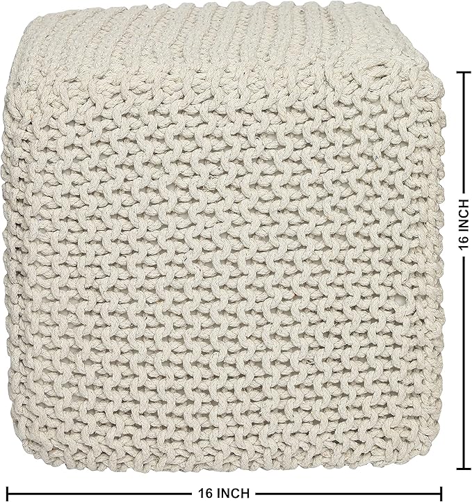 REDEARTH Square Pouf Ottoman Foot Stool - Hand Knitted Bean Bag - Cord Boho Pouffe - Accent Poof for Living Room - Nursery - Bedroom - Kids Bedroom - Patio - 100% Cotton (16" x 16" x 16") - Ivory
