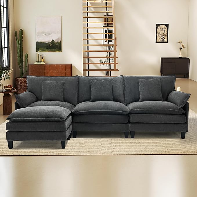 Modular Sectional Sofa, Comfy Cloud Couch with Movable Ottoman, Deep Seat Couches for Living Room, Bedroom and Apartment, 106" L Shaped Modern Sofa with Pillows, Grey