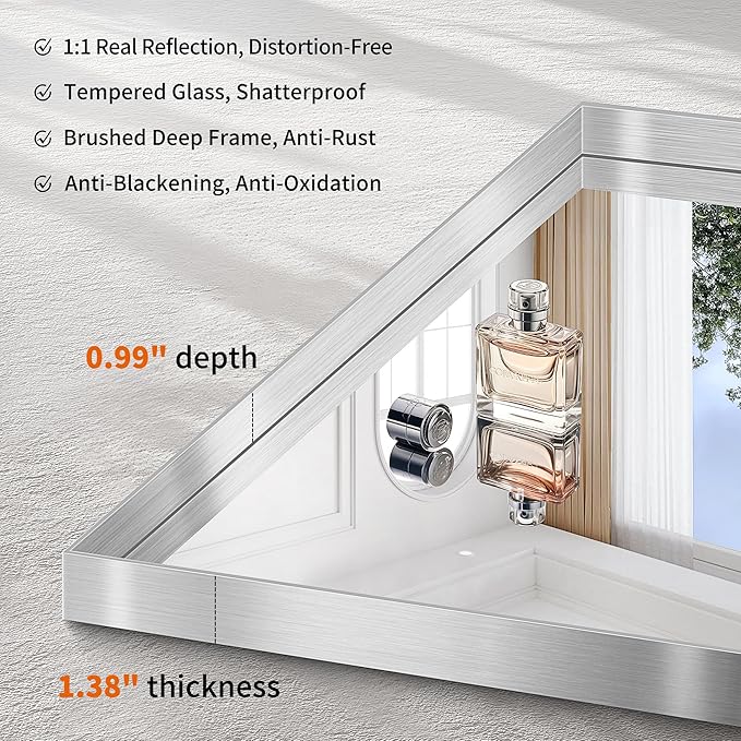 CIRCUMI Silver Bathroom Mirror, Brushed Finish, Tempered Glass, Large Mirror