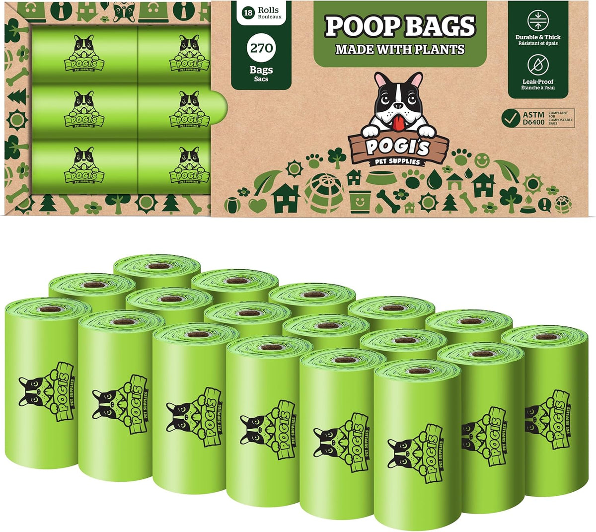 Pogi's Compostable Poop Bags – Leak-Proof, Extra-Large, Made with Plants – 18 Rolls (270 Bags)