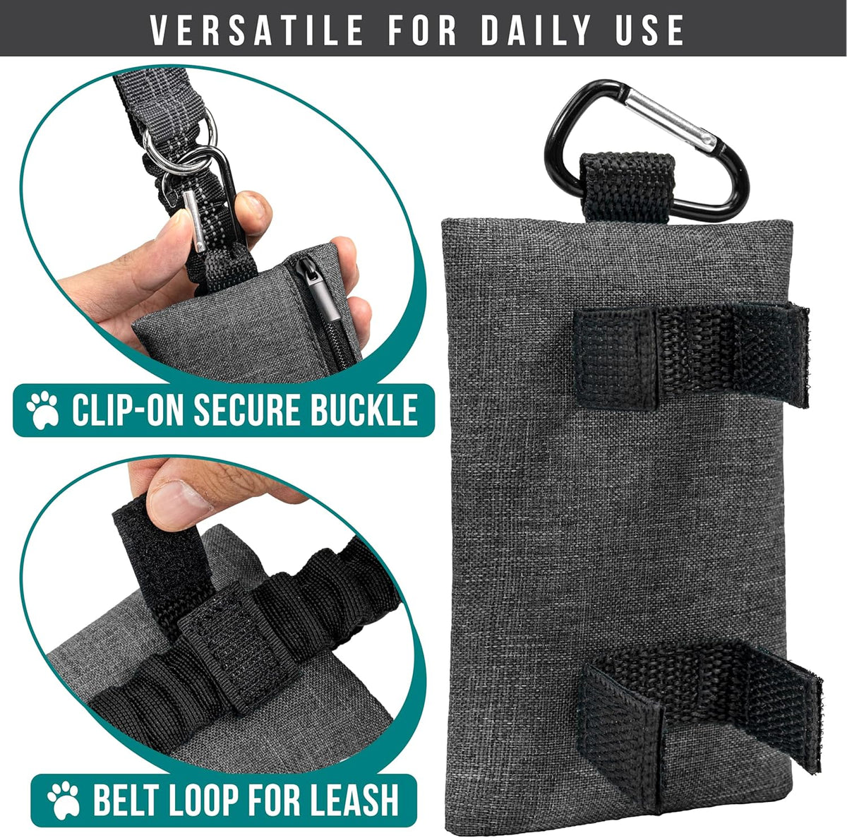 PetAmi Dog Poop Bag Holder for Leash, Dog Waste Bag Dispenser with Clip, Treat Pouch, Walking & Camping Accessories with Trash Bag Roll, Gray/Black 2 Pack