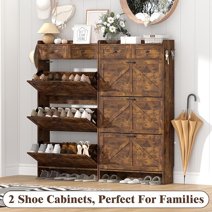 Shoe Cabinet with 3 Flip Drawers & 2 Storage Drawers, Rustic Farmhouse Narrow