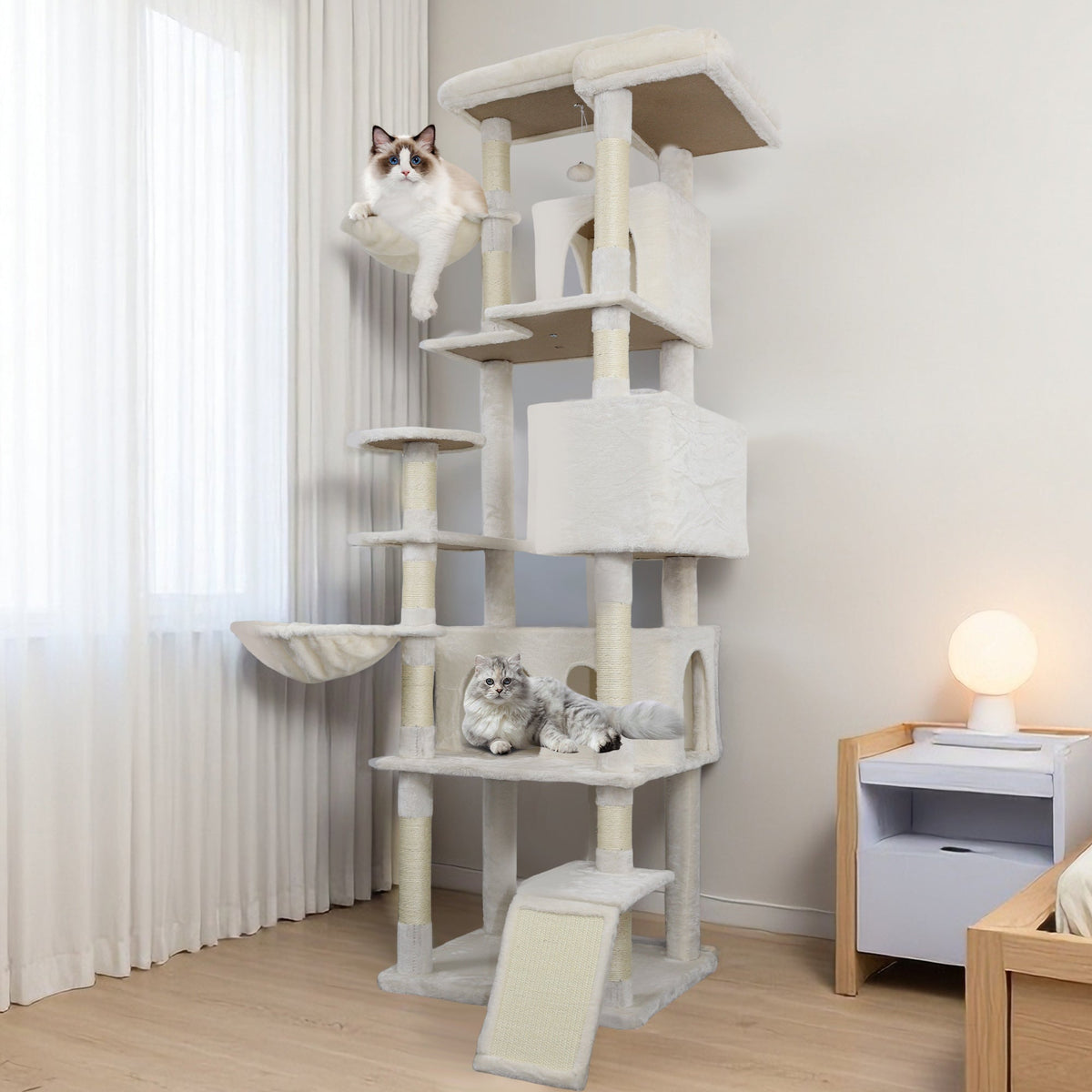 84 in Beige cat tree tower with large condo sisal scratching post big hammock and top platform