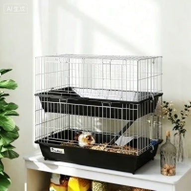 PawHut 2-Tier Small Animal Cage With 2 Doors, Trays, Dish, Bottle, And Ramp For Bunny, Ferret, Chinchilla, Black