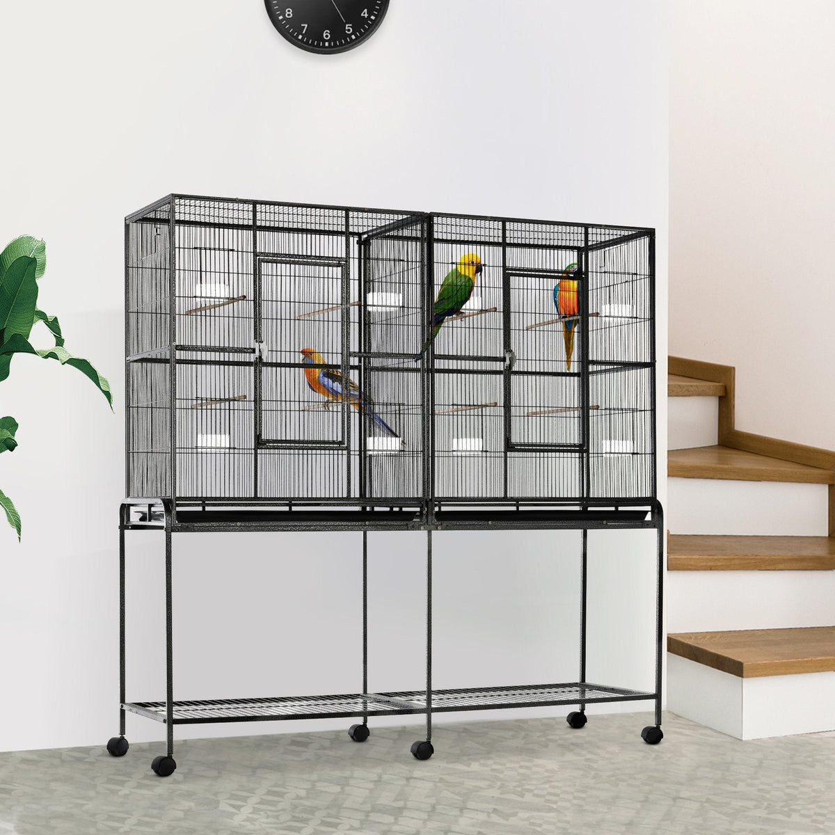 Rolling 65"L Bird Cage w/ Storage Shelf Wood Perch Food Container