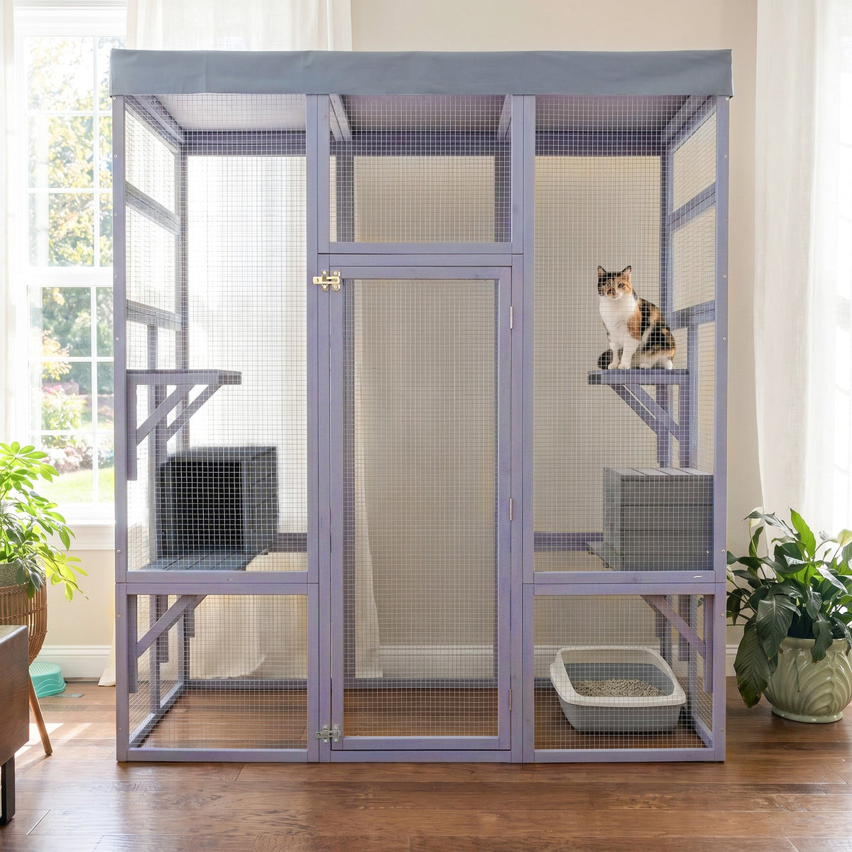 62.6" Wooden Outdoor Catio for Cats, Large Cat Enclosure with Waterproof Roof, 2 Napping House, Platforms & Galvanized Wire – Pet Cage for Backyard or Patio