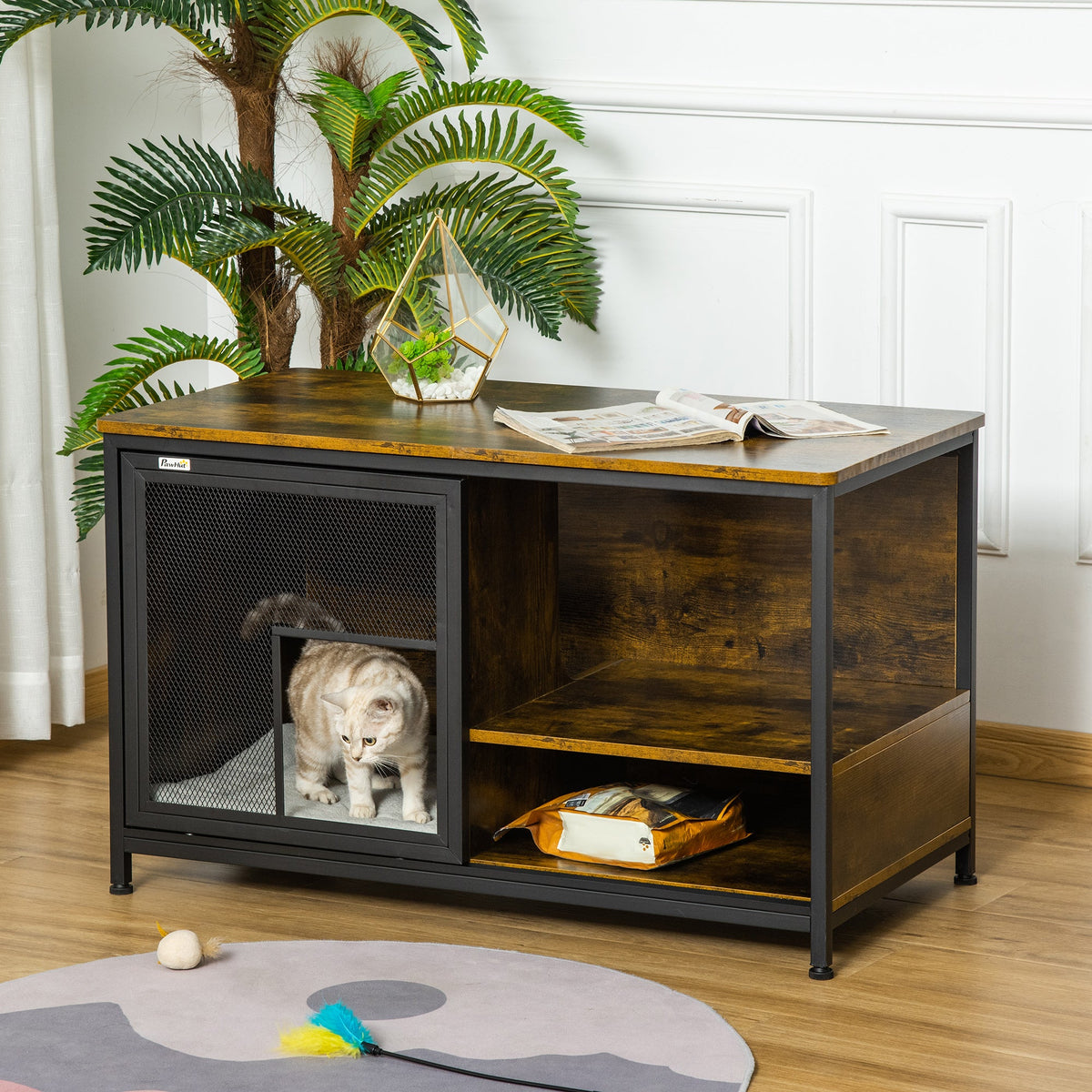 Wooden Cat Crate, Furniture Style Dog Cage, Puppy Kennel Indoor, End Table Pet House with Cushion and Sliding Doors, Rustic Brown