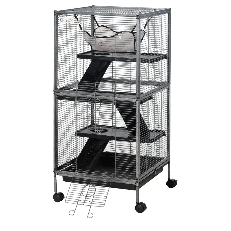 PawHut Metal Small Animal Cage Rolling Big Ferret Cage, Chinchilla Cage, Sugar Glider Cage, With Hammock & 4 Tiers, Removable Tray, Gray