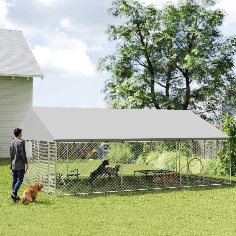Heavy Duty Outdoor Dog Kennel With Waterproof Roof, 2 Secure Latches, Chain Link Dog Run For Backyard, 20' X 15' X 8',Multiple Packages
