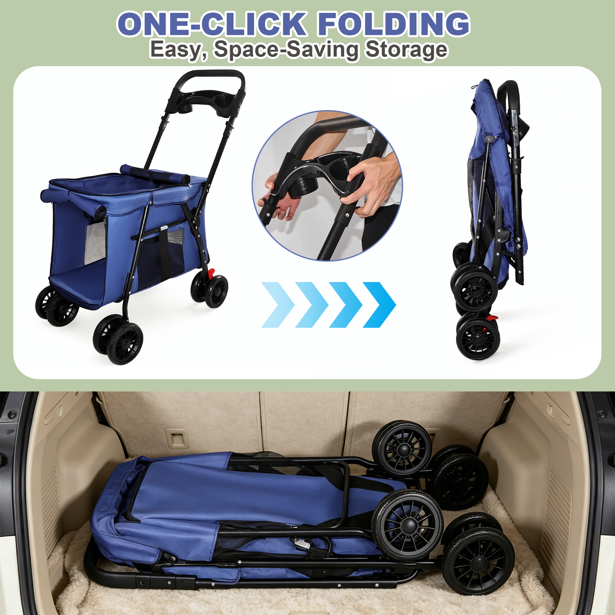 Pet Stroller, Foldable 4-Wheel Design, Breathable Mesh Dog Cat Stroller with Shockproof Wheels, Brake System, Storage Tray, 2 Fixed Safety Leashes, Large Space for Small Medium Pets, Navy Blue