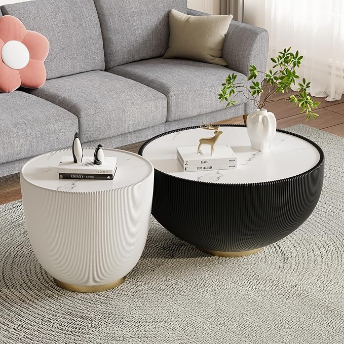 Round Coffee Table Set with Sintered Stone Tabletop, 27.56" Black Drum Center Table and 19.69" White Coffee Table Set, 2 Pieces Living Room Table Set with Fluted PU Leather Cover& Metal Base