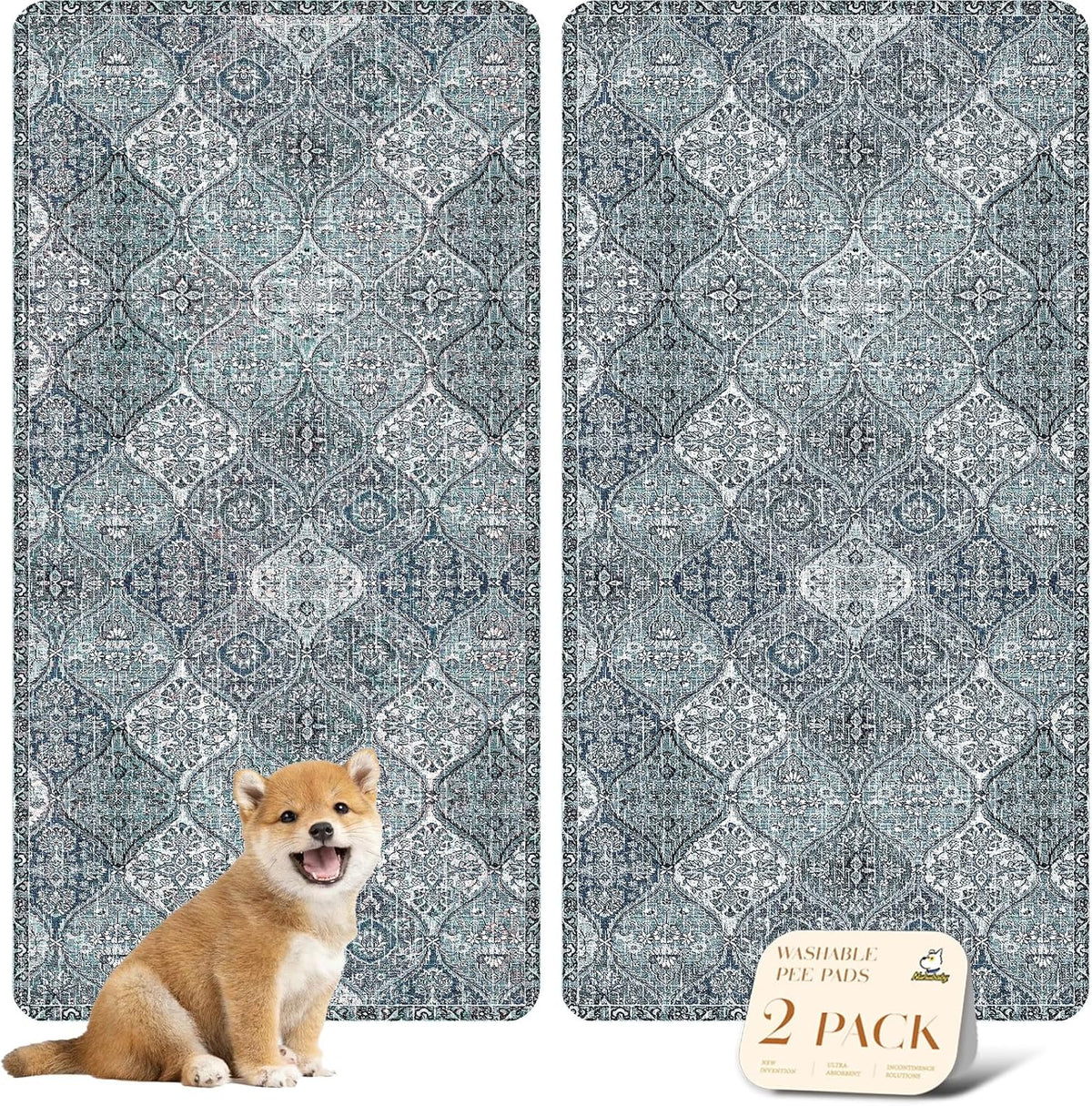 nunubaby Washable Pee Pads for Dogs, Stylish, Non-Slip and Leak-Proof Pee Pads. Reusable Potty Pads for Dogs for Crates and Floors.(Blue/Multi, 24" x48" )