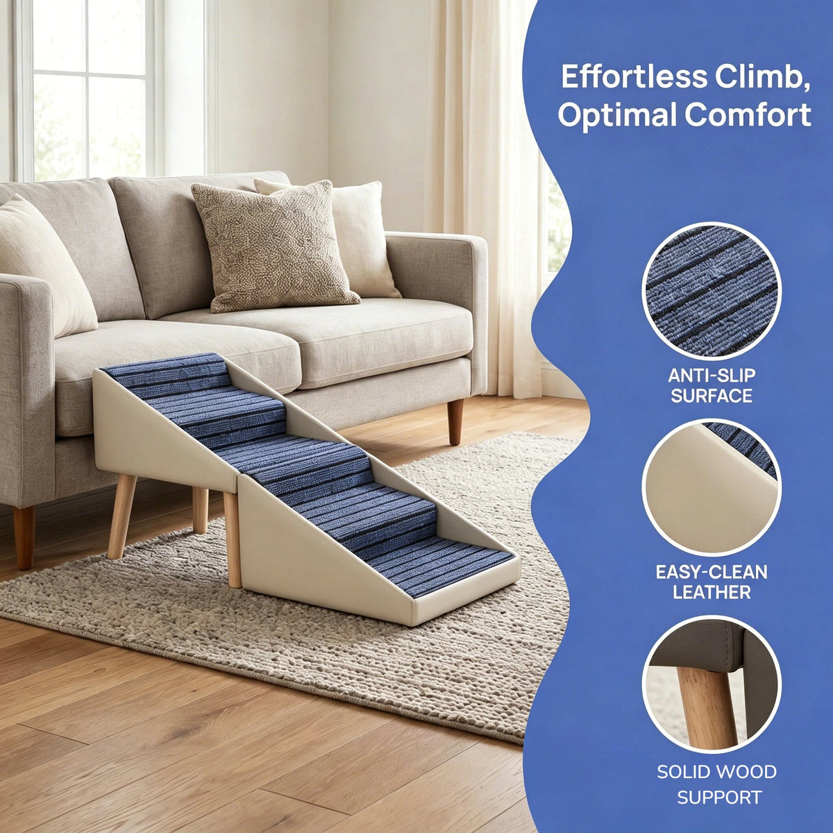 2-in-1 Dog Stairs for Bed and Couch 18.89" Foldable Dog Ramp for Couch 4 Pet Steps  & Ottoman for Small Dogs, Beige