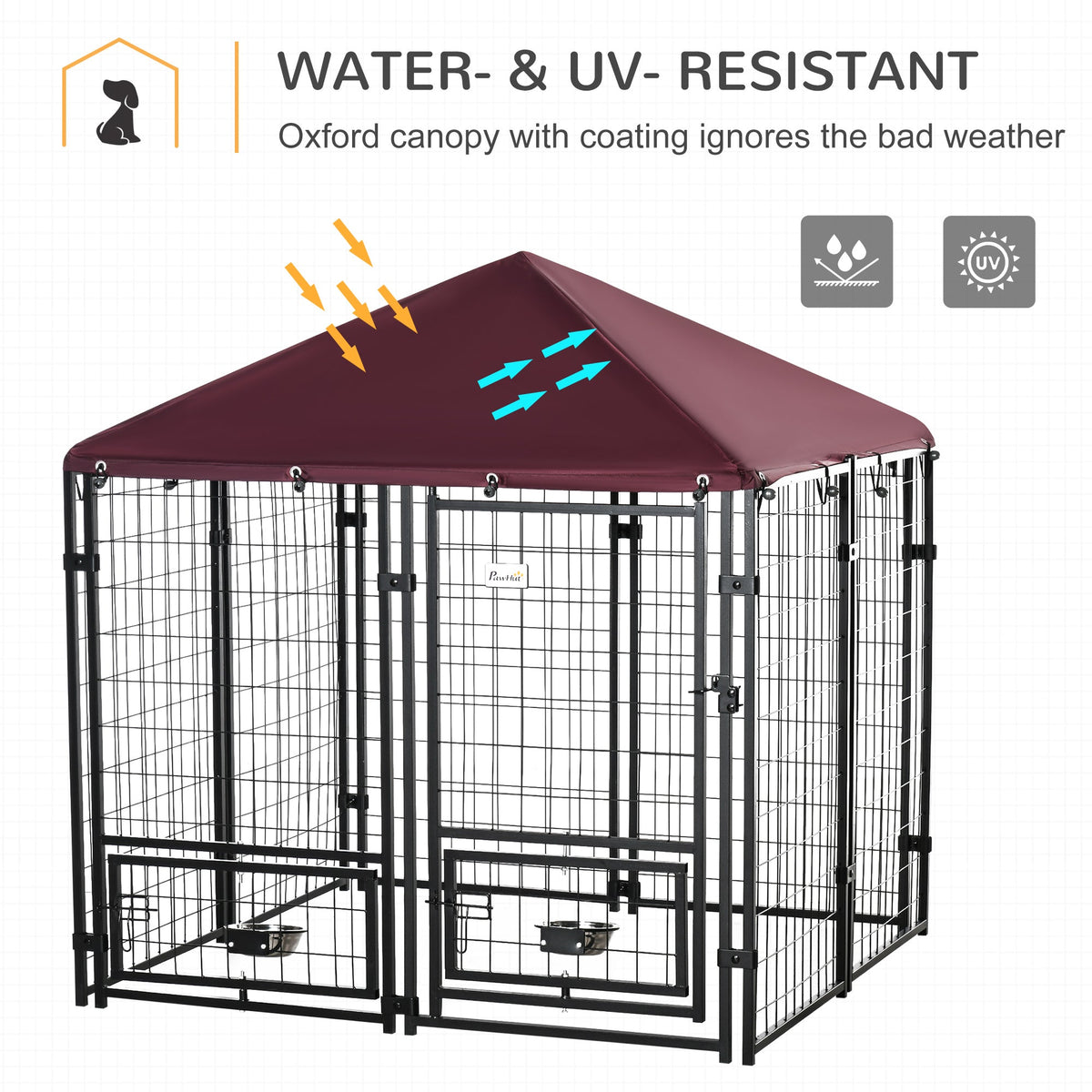 Outdoor Dog Kennel with Rotating Bowl Holders, Pet Playpen with Waterproof Cover, 4.6 x 4.6 x 5, Red