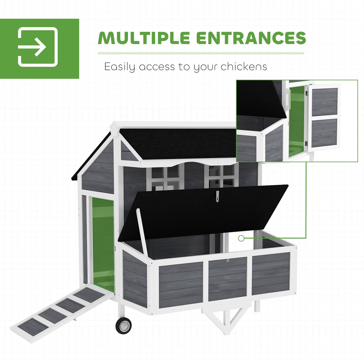 43" Chicken Coop with Wheels, Chicken Tractor with Nesting Box, Windows, Pull-out Tray, Perches, for 2-4 Hens, Gray
